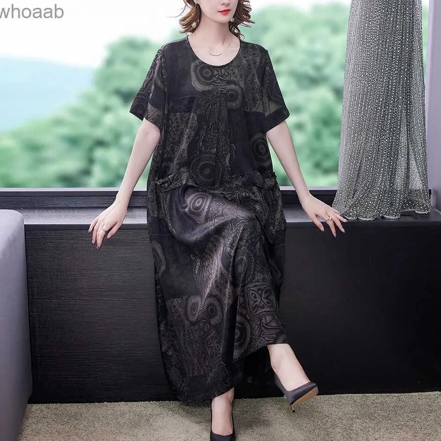 Vestidos casuais básicos verão preto impressão natural seda midi vestido feminino coreano vintage hepburn vestido 2023 elegante casual cintura solta plus size vestidos yq240110