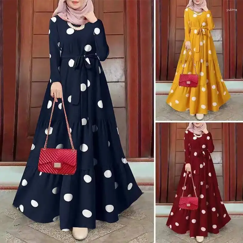 Etnische kleding Dubai Moslim Abaya Islamitische jurk Dames O-hals Stippen Print Volledige mouw Maxi Gewaad Boheems Mode Casual Elegant