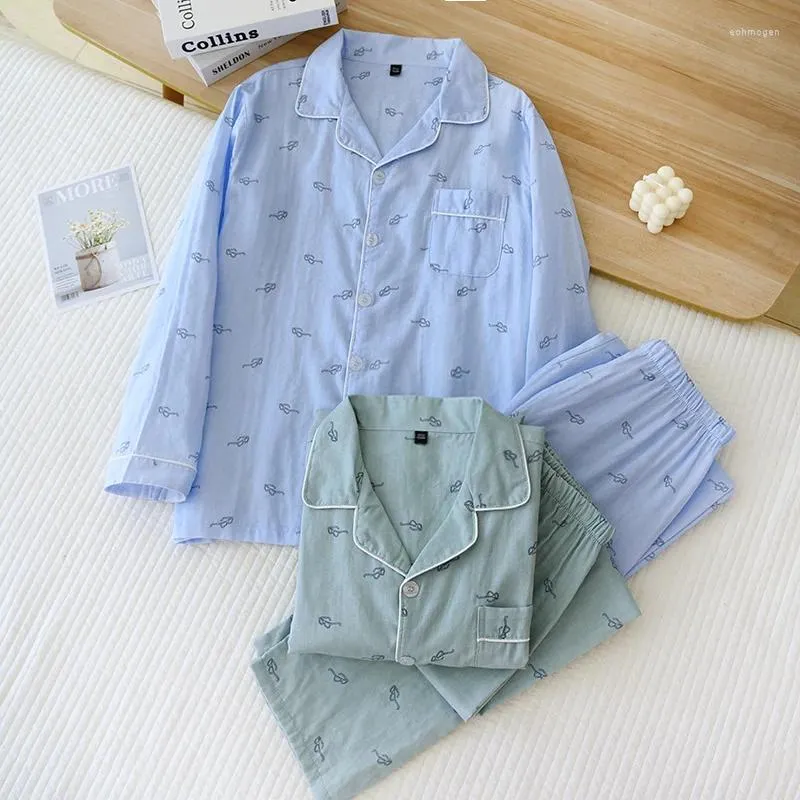 Herren-Nachtwäsche, japanischer Frühlings-Herbst-Männer bedruckter Baumwoll-Krepp-Pyjama-Set, Langarm-Hemd, Hose, Homewear