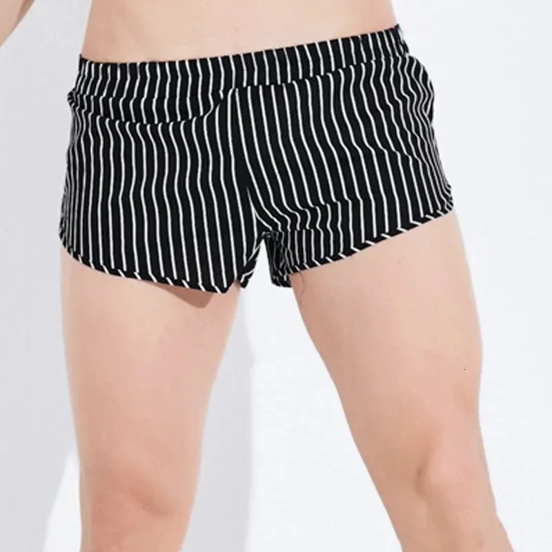 Cotton Pajama Shorts Mens Boxer Underwear Mid Waist Large Size Home Casual Briefs Black Striped Soft Sleep Underpants Man 240110