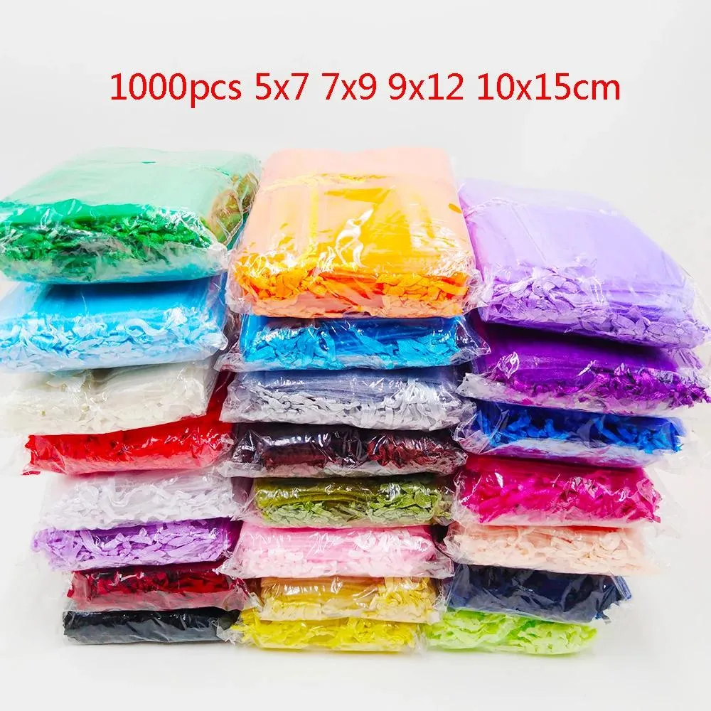 Display Hot 1000pcs/lot 5x7 7x9 9x12 10x15cm Drawstring Organza Bag Wedding Party Christmas Gift Bags Favor Jewelry Packaging Bags Pouch