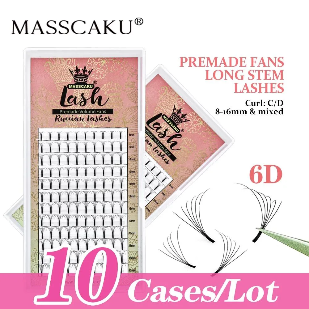Brushes 10cases/lot MASSCAKU Premade Volume Fan Eyelashes Long Stem 815 Mix Soft Natural Russian Volume Fans Lashes Makeup Tools