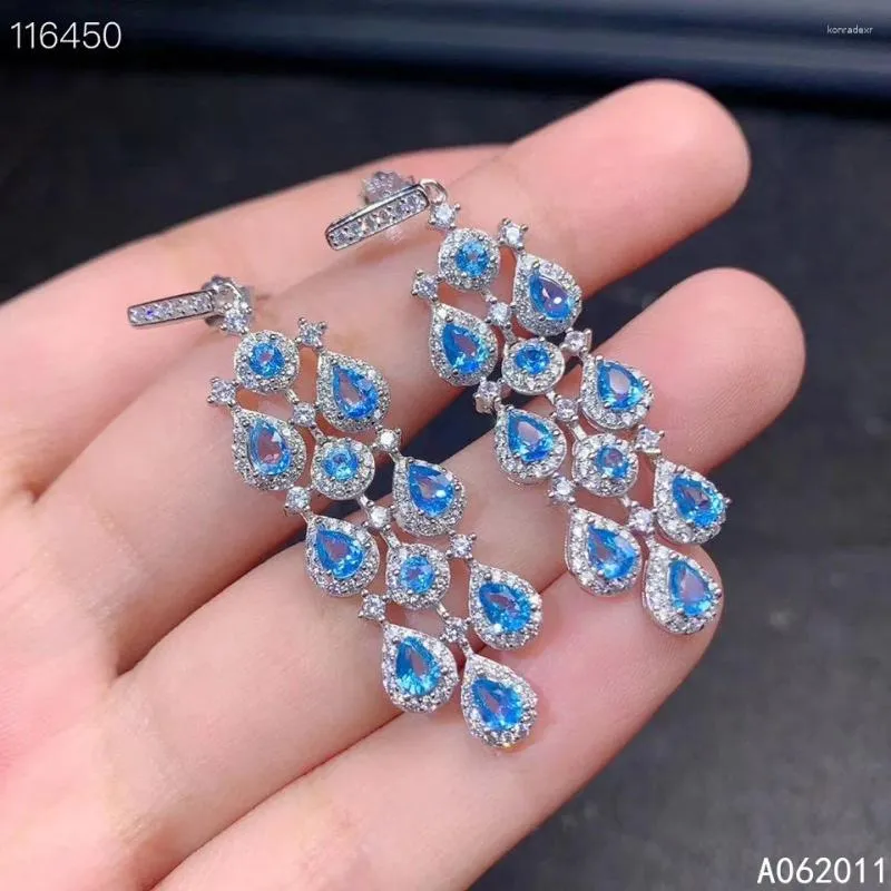 Pendientes colgantes KJJEAXCMY, joyería fina, Topacio azul Natural, Plata de Ley 925, gota para niña, regalo, fiesta de cumpleaños, compromiso de boda