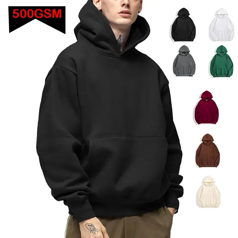 500GSM poids lourd mode hommes sweats à capuche automne hiver décontracté épais haut en coton couleur unie sweat mâle 240110