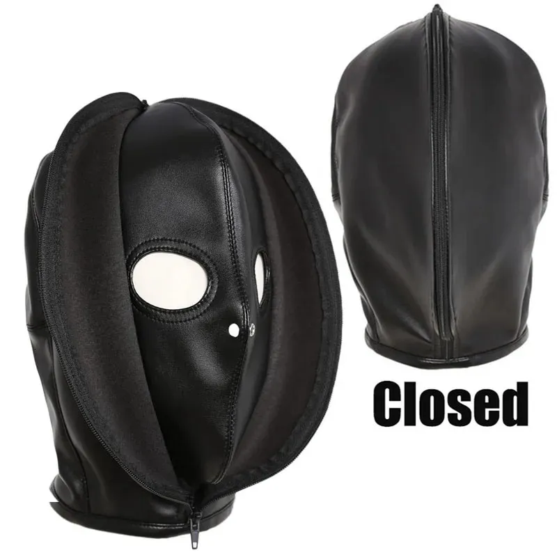 ダブルレイヤーレザージッパークローズドセックスフードマスクフルヘッドハーネススレーブオープンアイマスク呼吸穴マスクSM TOYS240109