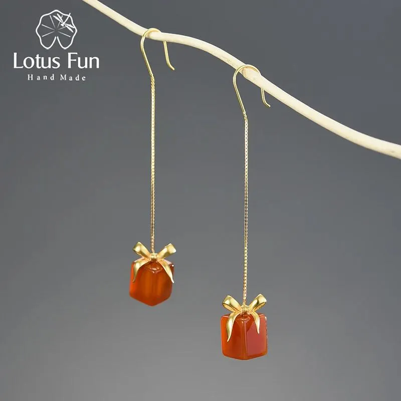 Küpe Lotus Eğlencesi Doğal Kırmızı Agate Stone Sıradışı Hediye Kutusu Uzun Sarkla Küpeler Kadınlar İçin Gerçek 925 Sterlling Gümüş Lüks Güzel Takı