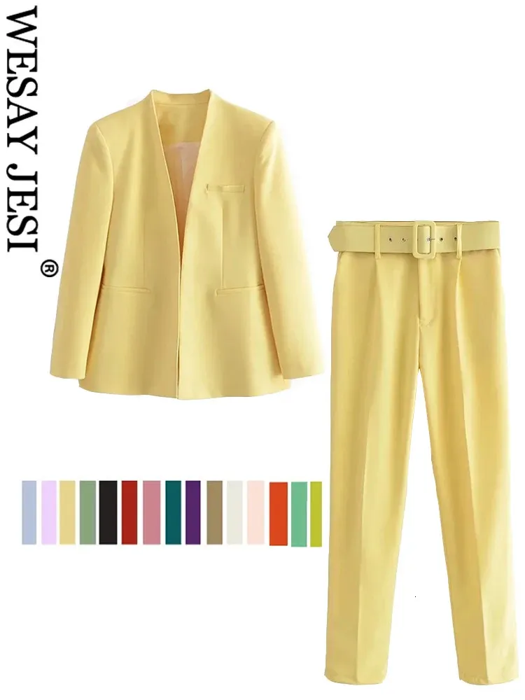 Wesay Jesi Traf 여성 사무실 정장 패션 블레이저 팬츠 단순한 단색복 칼라 긴 슬리브 코트 바지 세트 240110