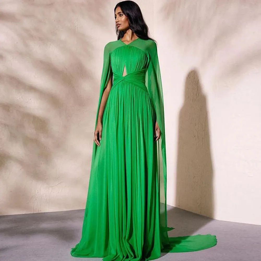 Elegantes grünes Chiffon-Abendkleid in A-Linie mit Cape-Falten, einfaches, modernes Dubai-Abschlussballkleid für Frauen 2024, langes Kleid für besondere Anlässe