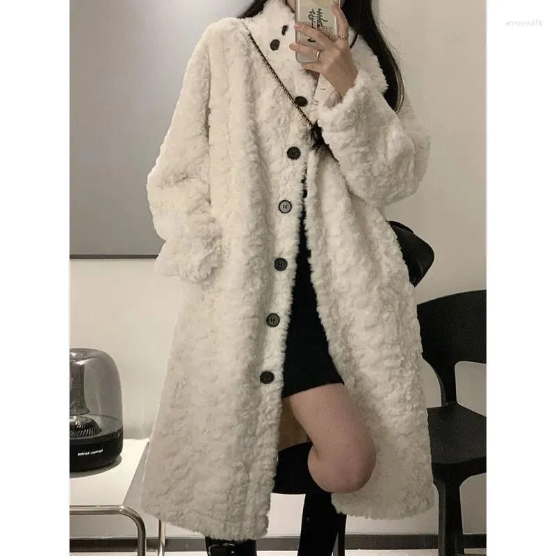 Kvinnors päls varm vinter lambwool faux jackor tjockare löst mid-långa rockar koreanska kvinnor lyxiga päls överrockar stativ krage chaquetas