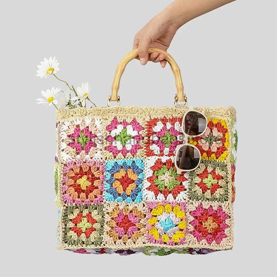 Totes Bohemian Granny Square St handväskor Casual Paper Woven Bamboo Hantera kvinnor Handväskor handgjorda summa strandväska stor tote pursestylishhandbagsstore