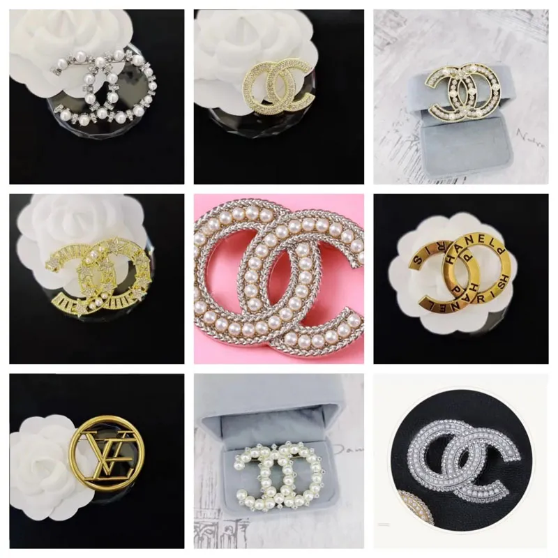 Simple Fashion Designer Brand Double Letter Broaches Pearls Crystal Brooches Fashion Jewelry Unisex Decoration Accessoriesy High