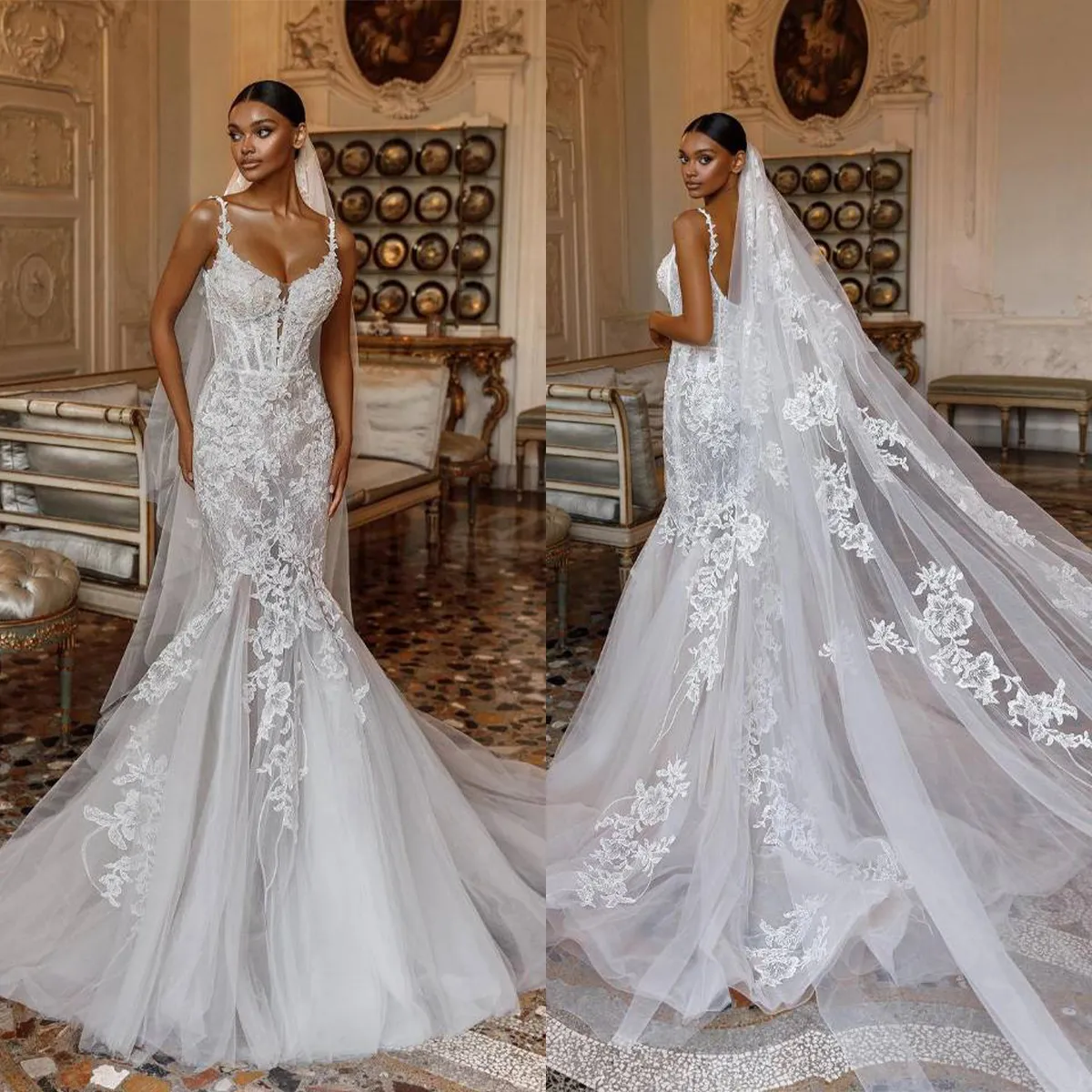 Vestidos de novia de sirena de encaje simple Apliques Vestidos de novia Correas espaguetis Cuello de novia Ver a través de la bata de tren de barrido sin espalda