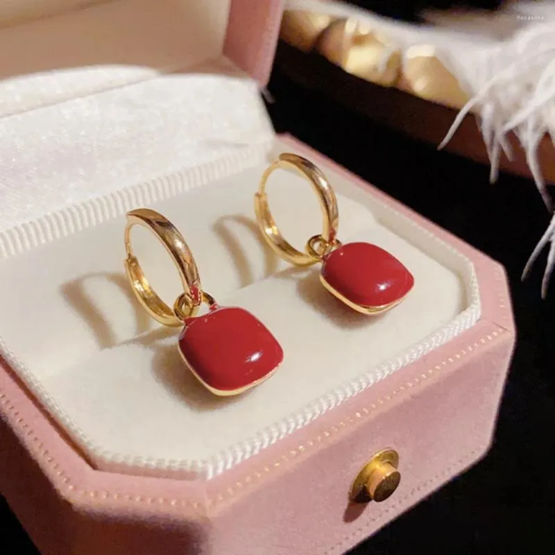 Dangle Earrings Y2K Vintage Red Square Enamel Earring Plated Gold White Minimalistic Ear Buckles Modern Women's 2024