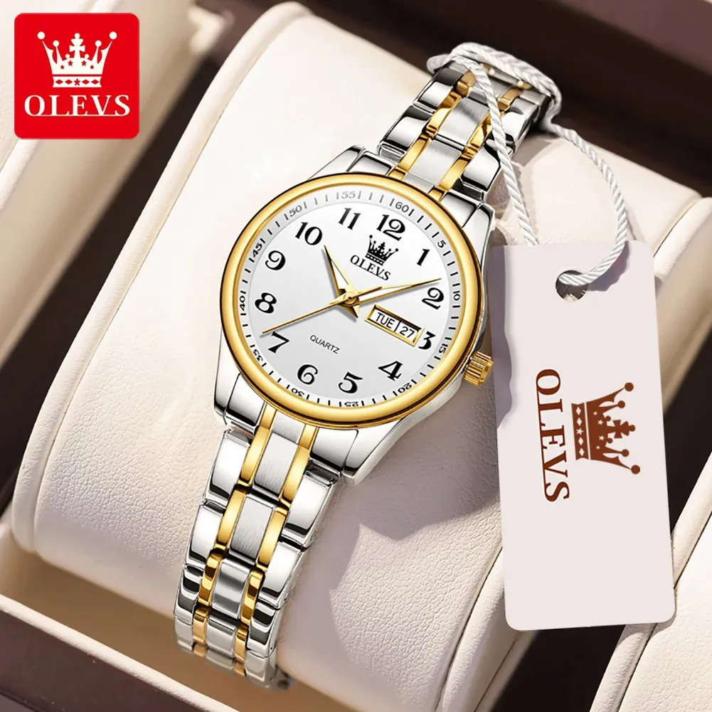 Olevs luksusowy kwarc zegarek dla kobiet eleganckie zegarki ze stali nierdzewnej Luminous Waterproof Week Date Randwatch Danie sukienka 240109