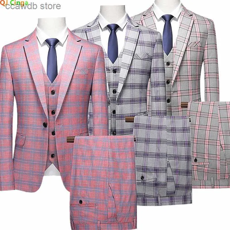 Men's Suits Blazers Red Striped Plaid Suit 3-piece Men's Wedding Party Dress Jacket and Pants Vest Fashion Slim Men Blazer Coat Trousers Waistcoat T240110