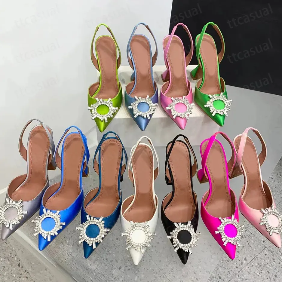 Begum Crystal-Embellished Buckle Satin Pumps Shoes High Heels Shine Sandals Women Luxury Designer Dress Shoe Evening Slingback Sandal 10cm AM Party Wedding Shoes