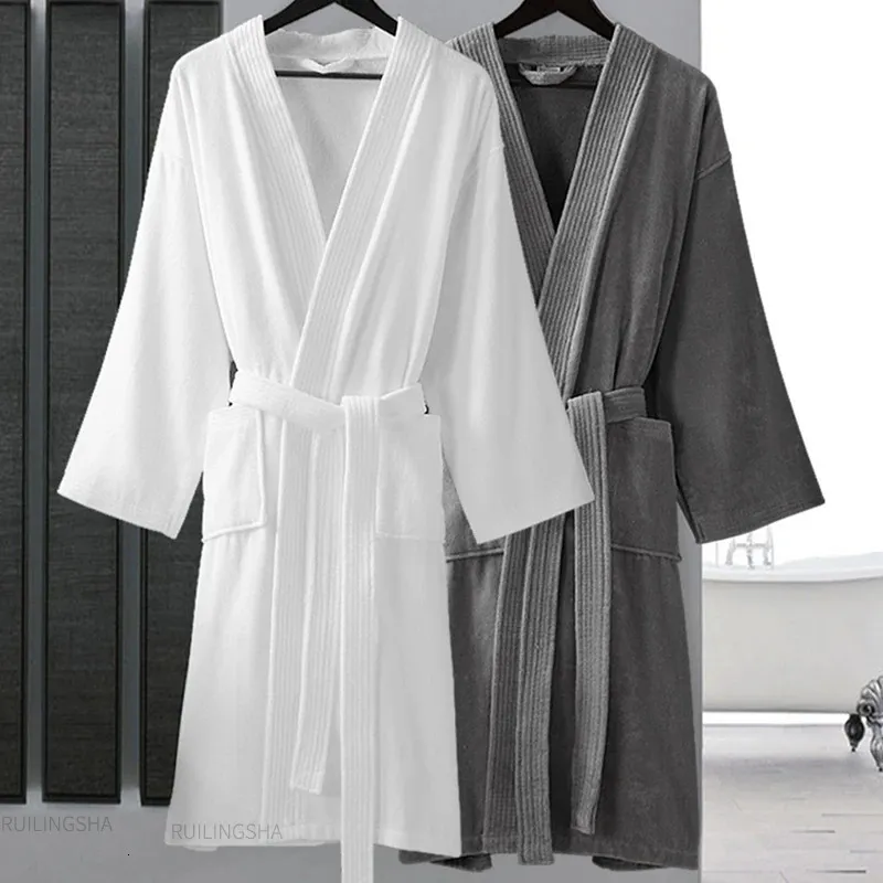 Women 100% Cotton Terry Bath Robe Plus Size Suck Water Towel Bathrobe Kimono Dressing Gown Winter Summer Men Waffle Sleepwear 240110