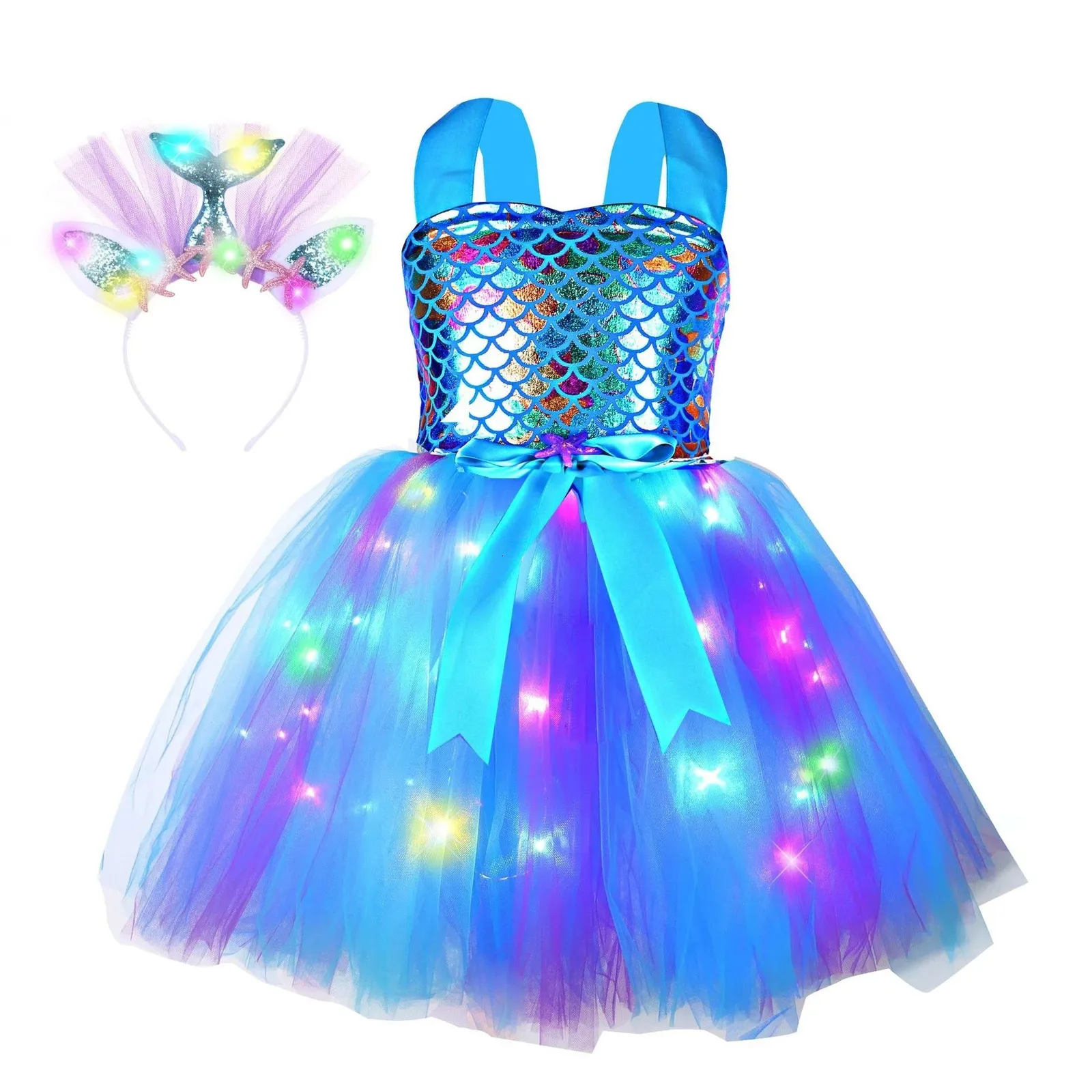 Girls Mermaid TUTU LED Dress Kids Birthday Party Dresses Little Mermaid