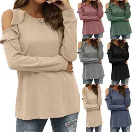 Women`s Knits Tees Autumn and Winter 2023 New Jersey Round Neck Off Shoulder Ruffle Loose Casual Top Women