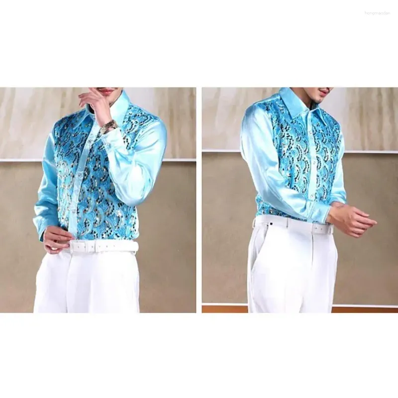 Men's Casual Shirts Slim Fit Men Shirt Luxury Sequins Performance For Wedding Stage Formal Events Long Sleeve Single-breasted