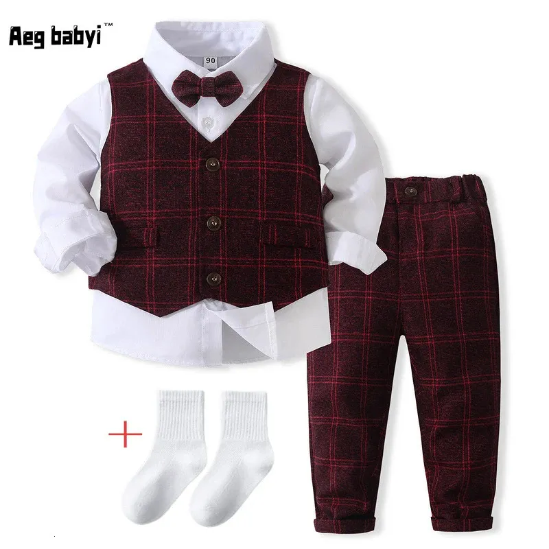 Automne bébé garçons costumes formels vêtements Gentleman chemise à manches longues cravate gilet pantalon 5 pièces ensemble enfants anniversaire robe de soirée de mariage 240109