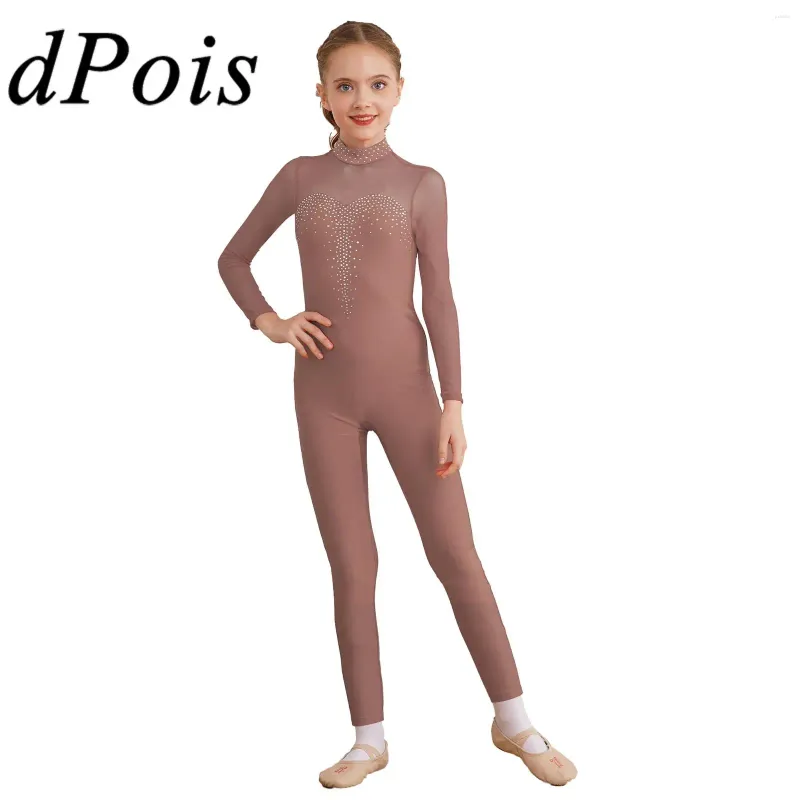 Scene Wear Kids Skating Unitard For Girls Shiny Rhinestone Bodysuit Sheer Mesh långärmad Catsuit Children's Gymnastics Jumpsuit Dancewear