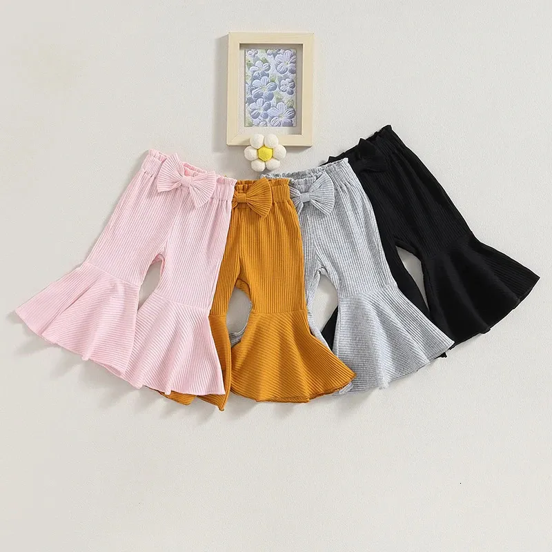 0-3Y Pantaloni svasati per bambina nati per bambini Pantaloni a coste tinta unita Bowknot Elastico in vita Autunno Fondo a campana Bambino 3 pezzi 240109