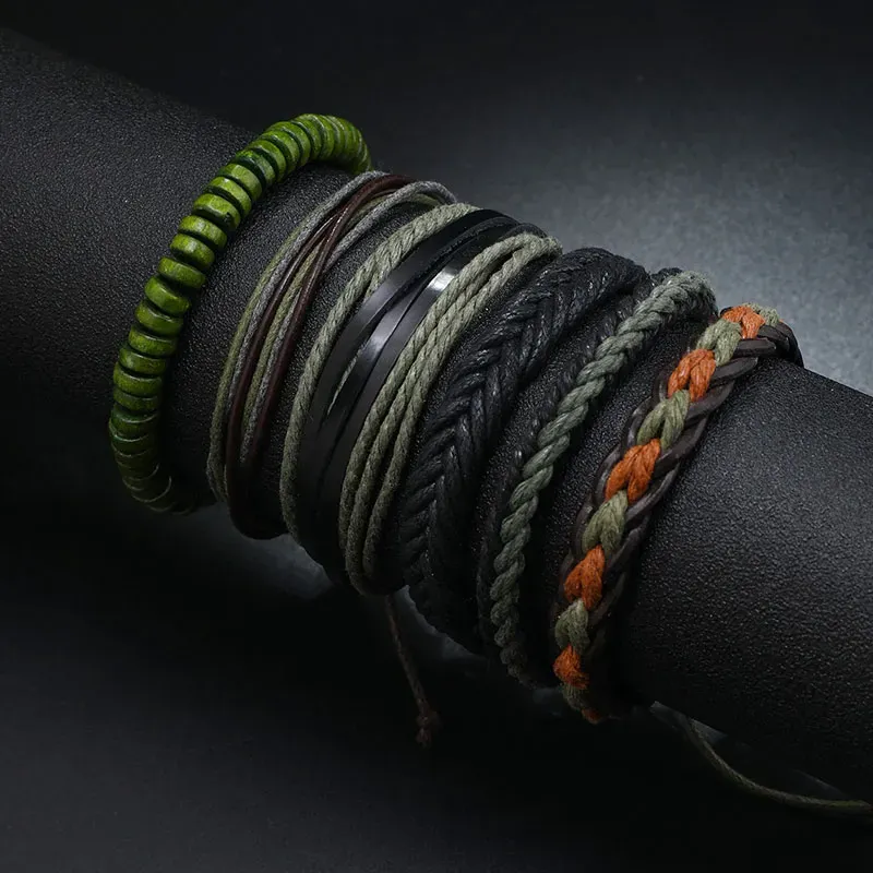 Handmade Braided Rope Leather Multilayer Wooden Beaded Charm Bracelets Set Adjustable Bangle Decor Jewelry