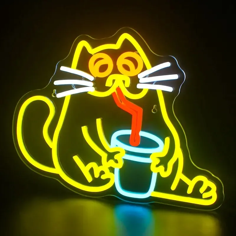 Sinal de néon de gato de bebida de 1 unidade, para decoração de parede, luz de néon de festa de clube, loja de casa, quarto, caverna, luz de néon LED, luz de suspensão de parede, lâmpadas de presente de aniversário