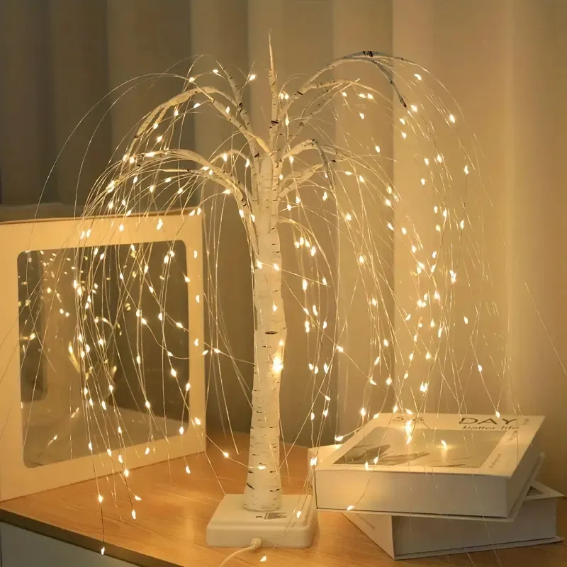 1 branche de saule 192 LED, lampe en saule à quatre couleurs changeantes, batterie et USB à double usage, 8 modes d'éclairage d'arbre, pour la maison, Noël, anniversaire, mariage, décoration de fête