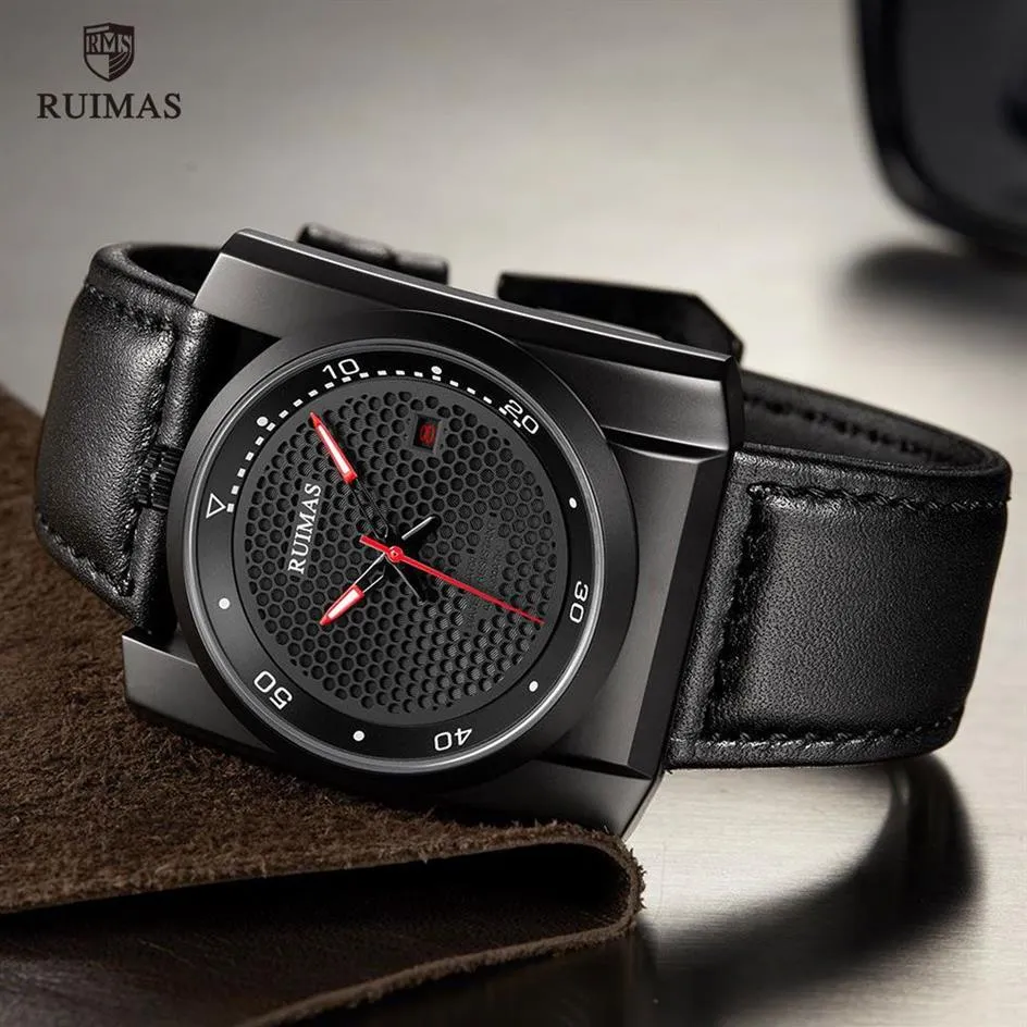 RUIMAS Relojes automáticos de lujo para hombre Reloj mecánico analógico con esfera cuadrada Reloj de pulsera de cuero negro Reloj masculino 6775 n242W