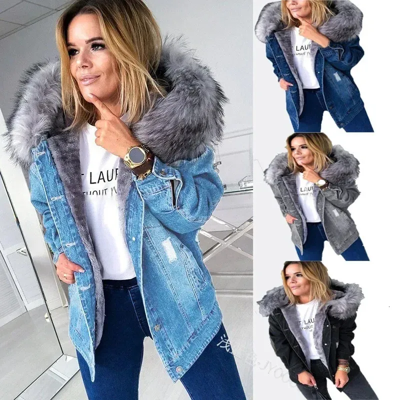 Hiver Vintage déchiré poche couture Baggy manteau femmes Denim peluche manteau femmes à manches longues simple boutonnage à capuche Denim veste 240109