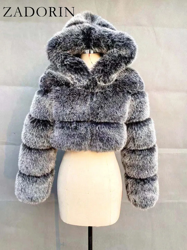 ZADORIN Высококачественные пушистые укороченные пальто и куртки из искусственного меха, женское пушистое верхнее пальто с зимней меховой курткой с капюшоном manteau femme 240110