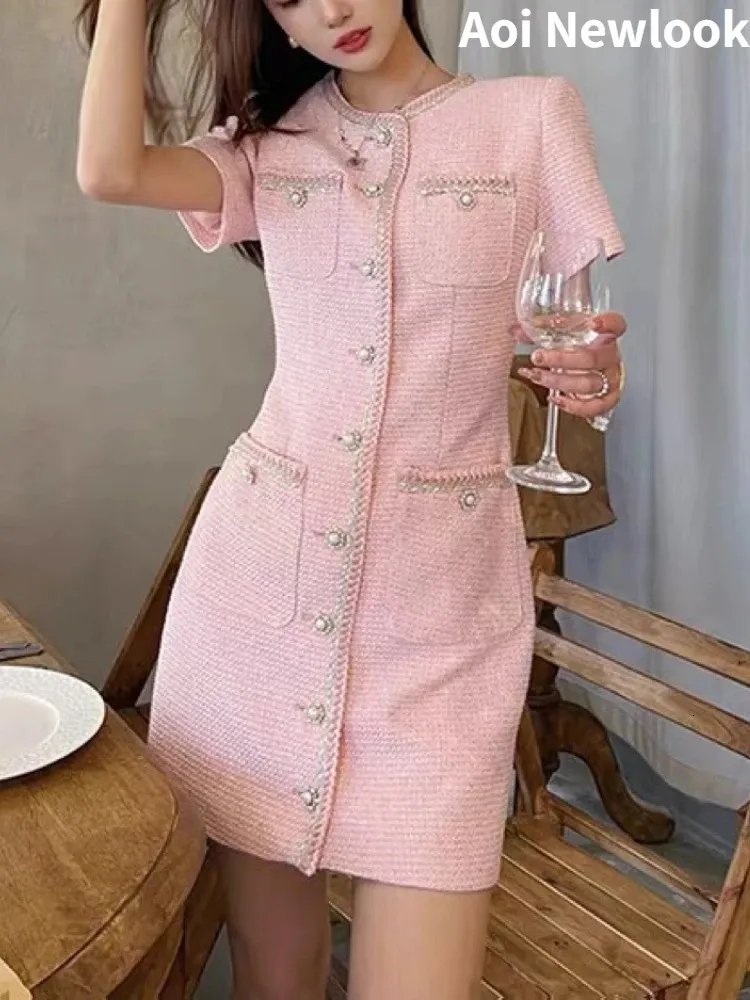 Французское винтажное розовое платье, женское осеннее твидовое платье высокого качества, элегантная вечерняя юбка SlimFit, платье 240109