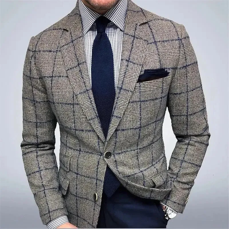 メンズスーツジャケットの春と秋の英国のビジネス成熟紳士格子縞のカジュアルペルサイズ240110