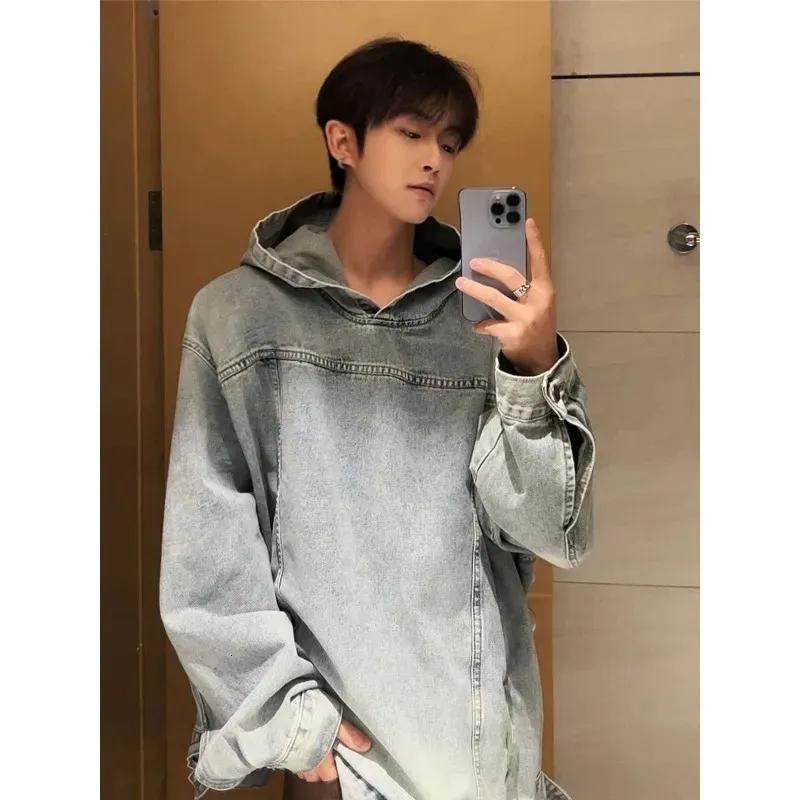 Mens Hooded Denim Jacket Japanese Washed Denim Pullover Sweatshirt