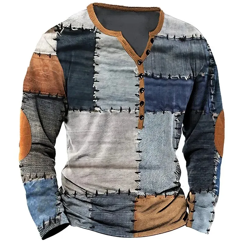 Patchwork denim vintage tişört erkekler için patchwork ızgara grafik tişörtler 3d baskı kısa kollu tişört büyük boy adam giyim üst 240109