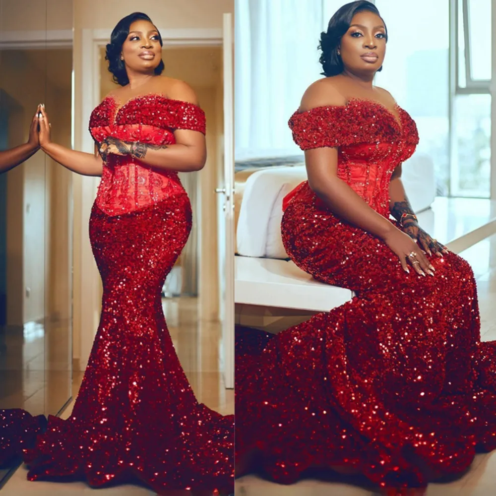 Plus Size Aso Ebi Prom Dresses Sheer Neck Off Shoulder Sequined Lace Mermaid Formal Evening Dress for Nigeria Women Special Occasions Birthday Party Dress Gown NL440