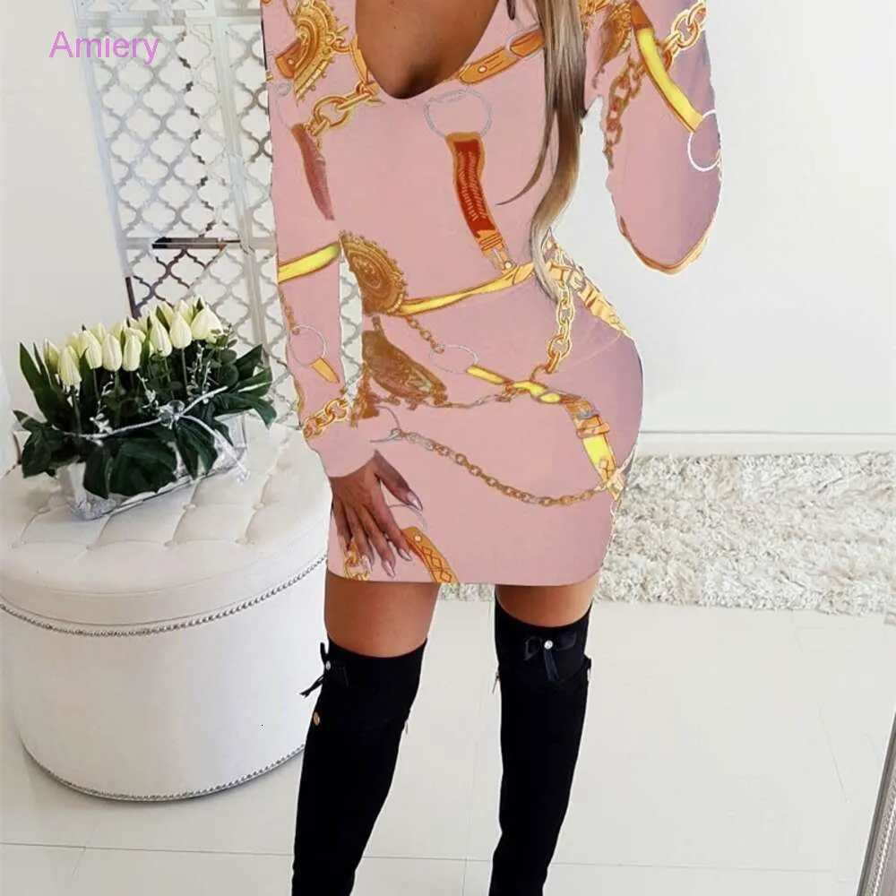 Spring Summer Dresses For Women Chain Print Hip Slim Long Sleeve Bodycon Sexy Mini Birthday Dress Robe Womens Designer Clothing