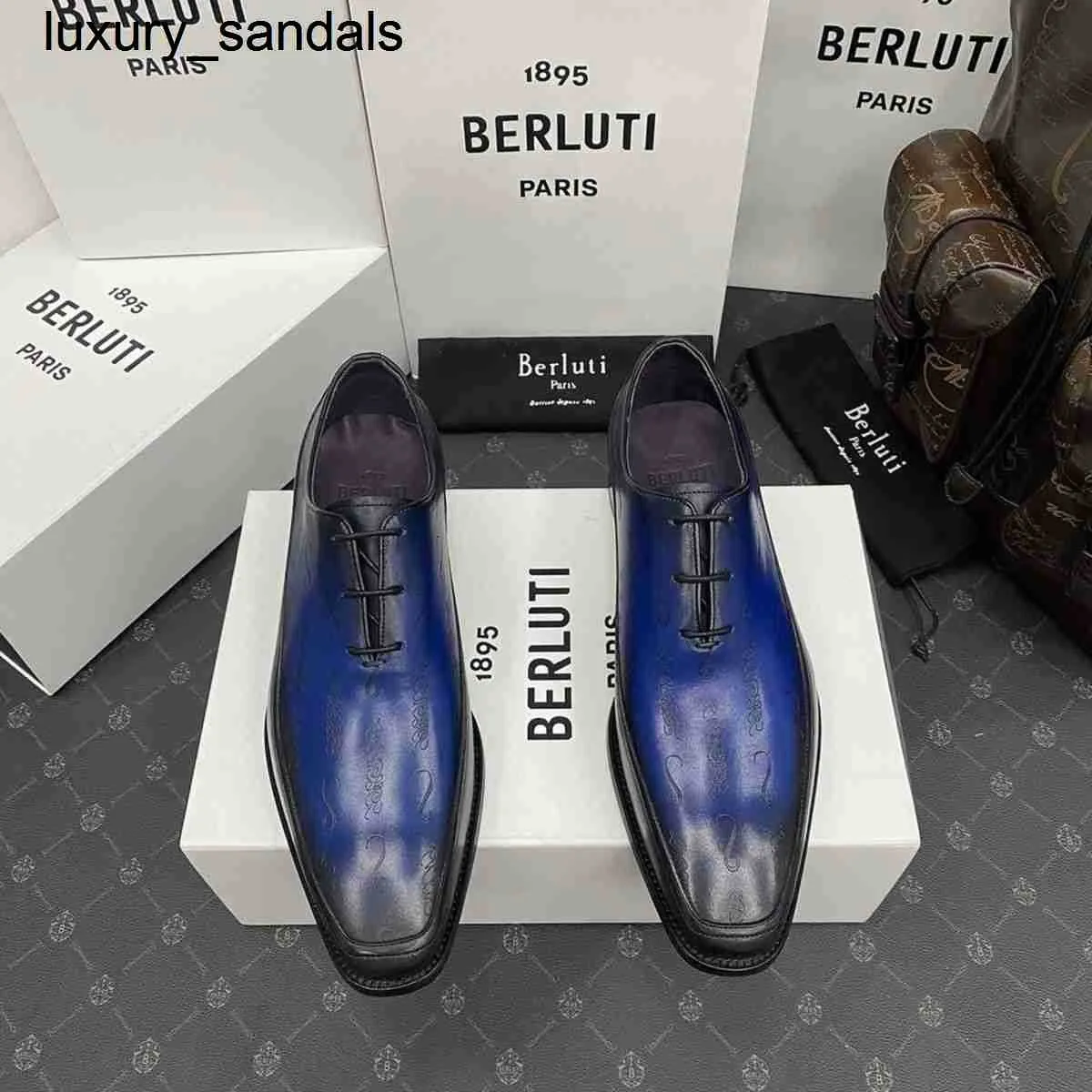 Berluti Business Leather Shoes Oxford Calfskin Handmade Top Quality Scritto Pattern Gentlemen's Formalwq