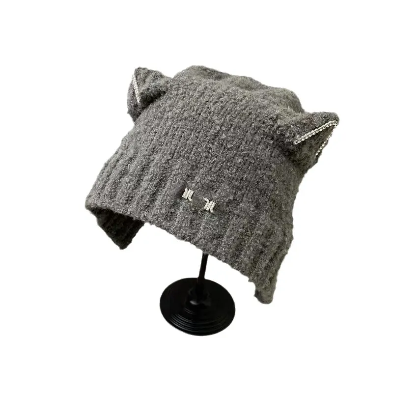 Gorros de designer feminino bonito chapéu quente de lã de malha chapéu de orelha de gato strass chapéu protetor de orelha outono e inverno