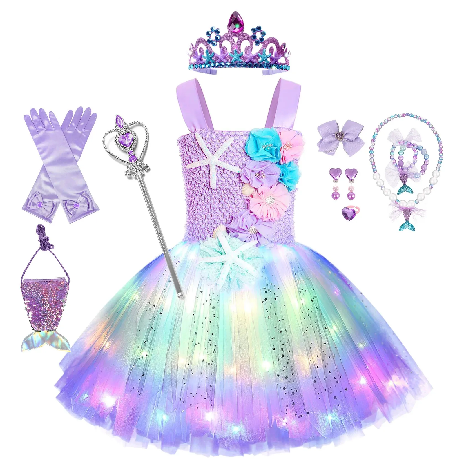 Princess Mermaid Dress for Girls LED Light Up Ocean Themed Birthday Party Tutu Dress Clothes Halloween Costume for Kids Vestidos 240109