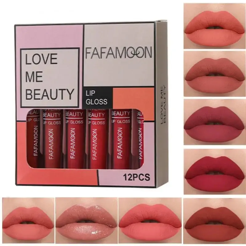 12pcs conjunto de batom sexy beleza longa duração à prova d'água brilho labial fosco esmalte matiz lábios kit de maquiagem para mulheres 240110