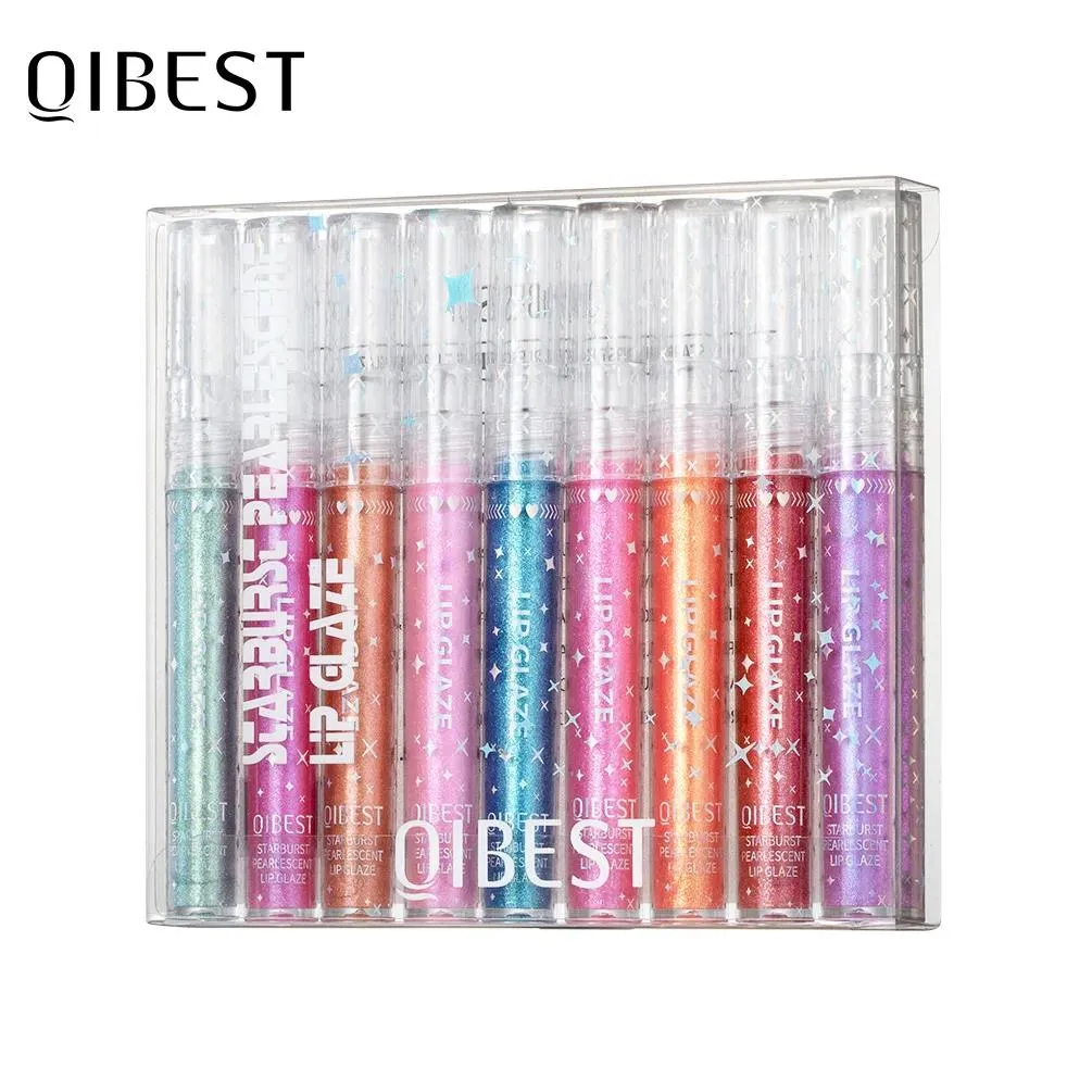 Uppsättningar qibest 9 färger läppglans set starburst pearlescent flytande läppstift glansigt fuktgivande läppglasyr glitter makeup kit långlastning