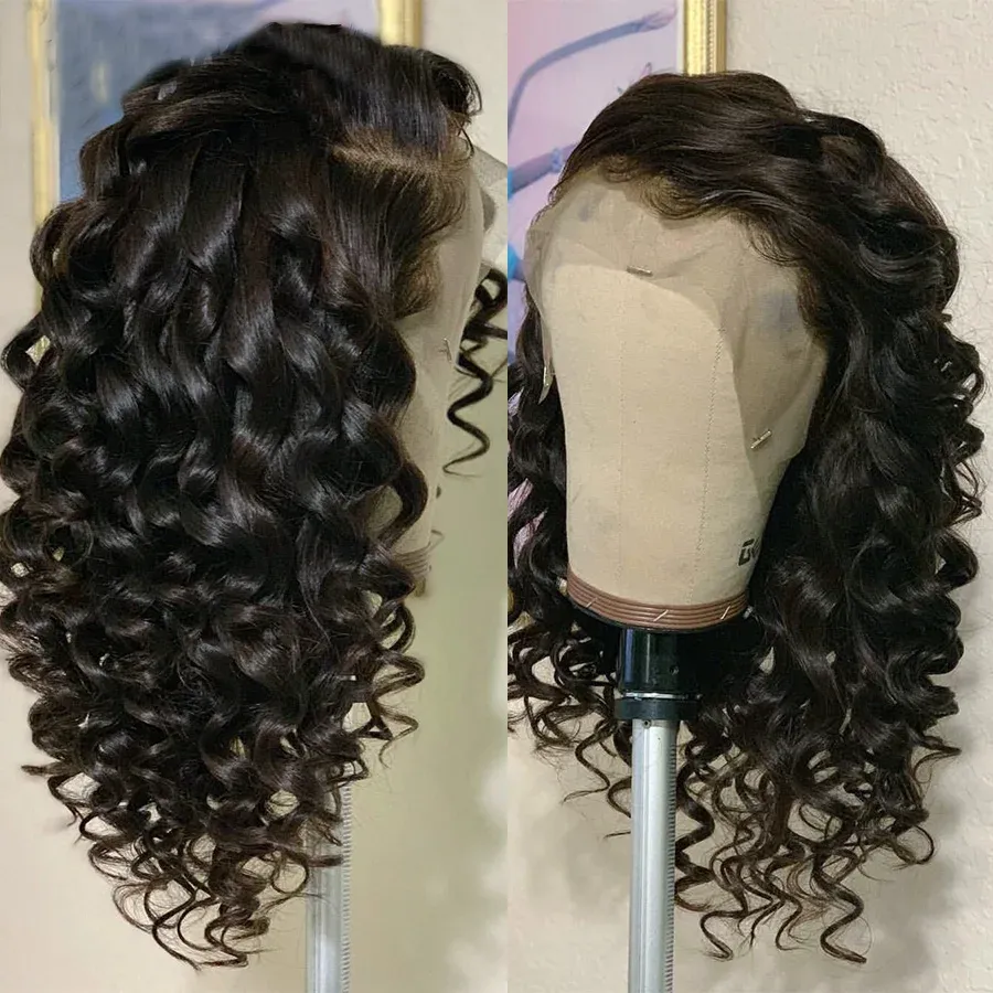 Perruque Lace Front Wig synthétique noire ondulée, cheveux naturels, Loose Deep Wave, 13x4, pre-plucked, pour femmes