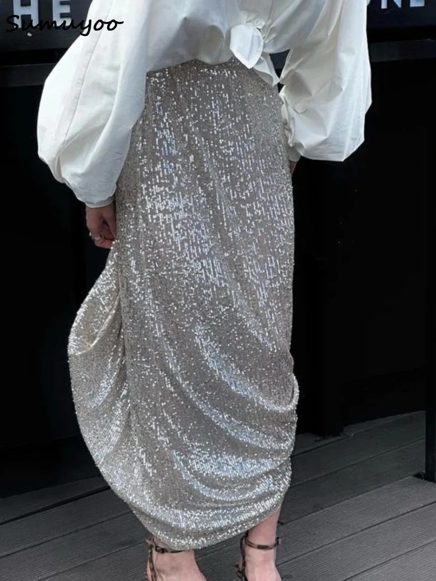 Sumuyoo-falda elegante de seda con lentejuelas para mujer, faldas largas con cintura caída, ropa de calle clásica, ropa femenina de moda 240110