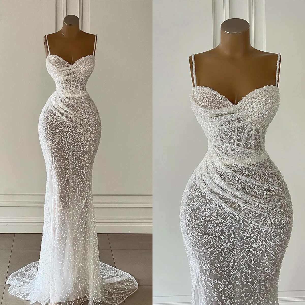 Abiti da sposa a sirena trasparenti Abiti da sposa senza spalline Abiti da sposa con paillettes e perline Illusion Sweep Train Robe Bride Dress