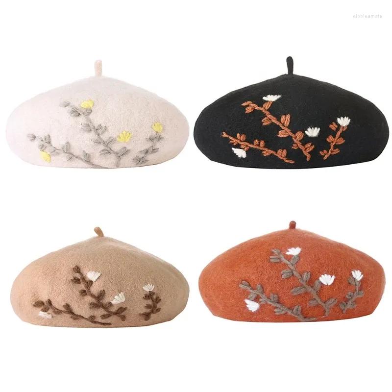 Basker japanska kvinnor söta flickor vinter varm faux ull hatt blommor blad broderi fast färg vintage konstnär pai