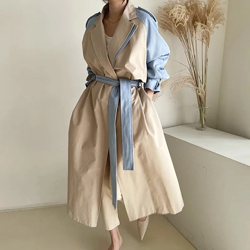 Vintage contraste couleur épissage femmes longue Trench manteau avec ceintures printemps automne décontracté à manches longues femme coupe-vent pardessus 240109