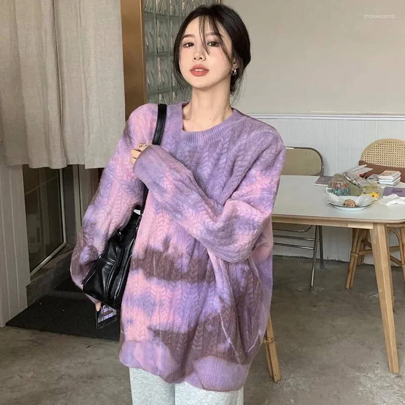 Kobiet Sweters Lady O Neck Long Rękaw Pull Blue Purple Girl Street Casual Tiew Dye Pullover Swater Zima Koreańska Moda